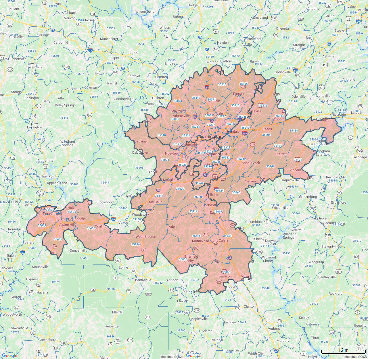 All Dry Services Area Coverage Map for Birmingham, AL
