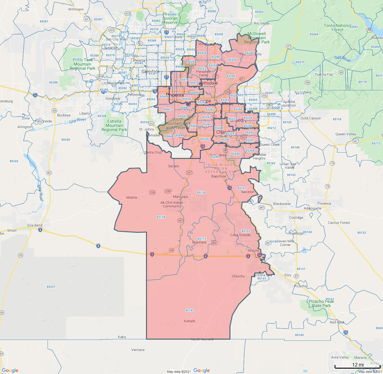 All Dry Services Area Coverage Map for Phoenix & East Valley, AZ