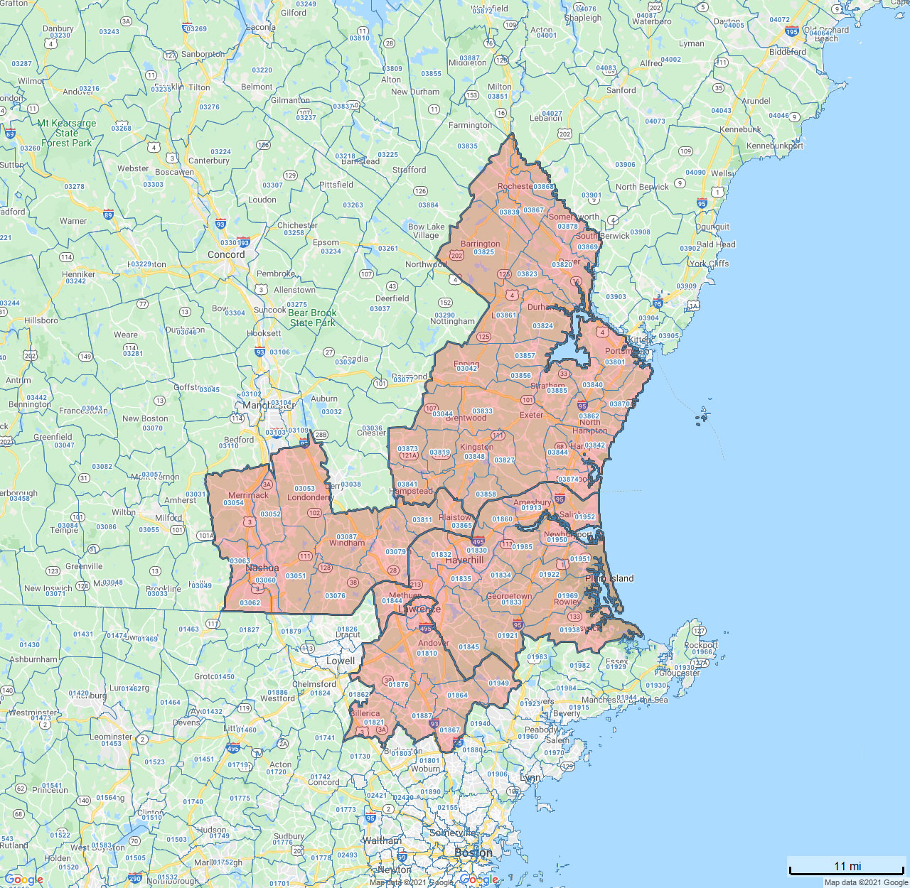All Dry Services Area Coverage Map for Southern / Seacoast, Merrimack Valley