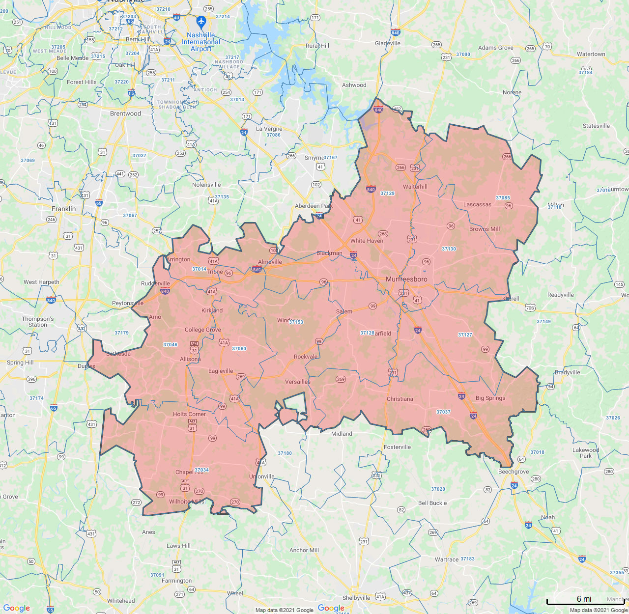 All Dry Services Area Coverage Map for Murfreesboro, TN