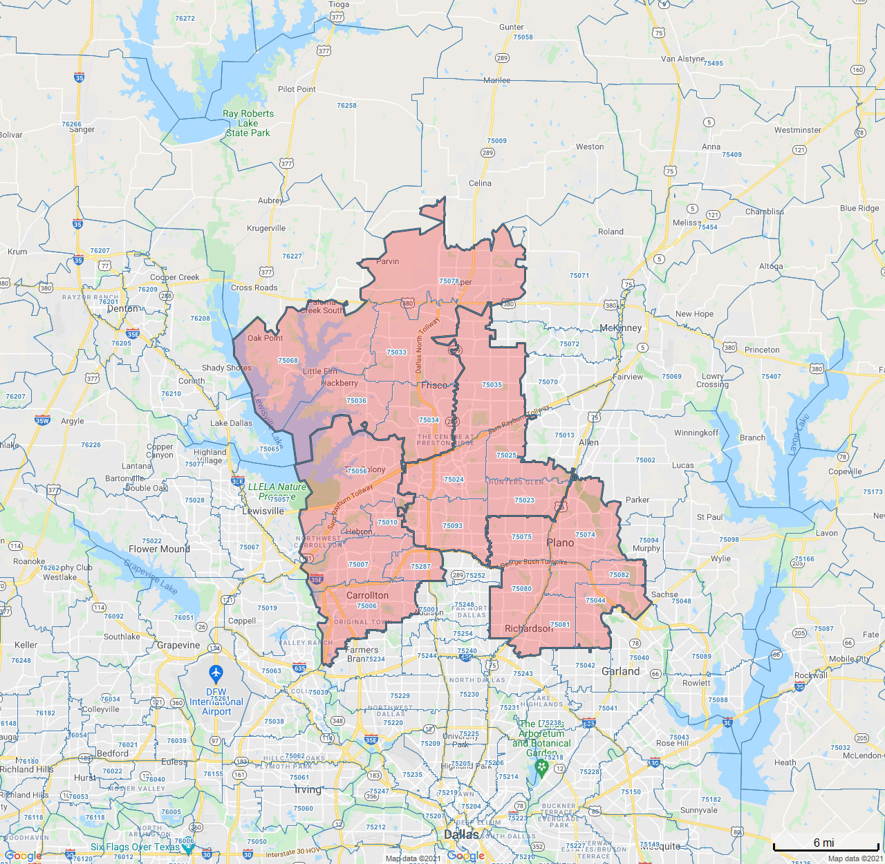 All Dry Services Area Coverage Map for North Dallas, TX