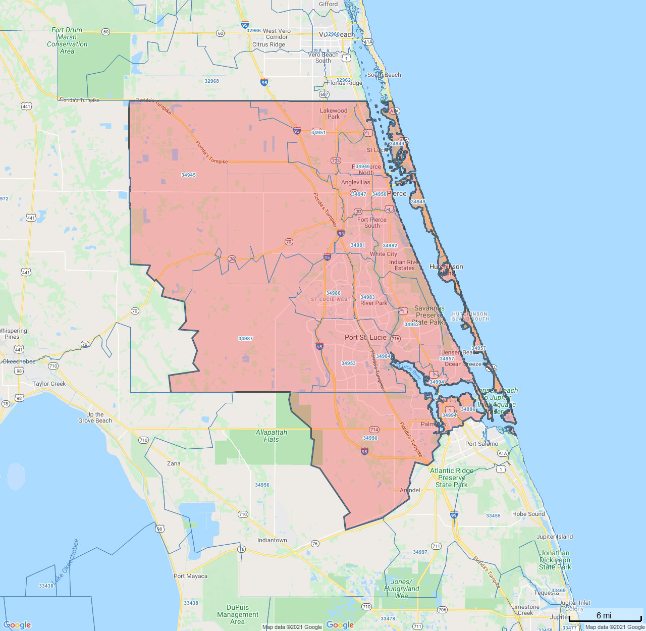 All Dry Services Area Coverage Map for Of The Treasure Coast Florida