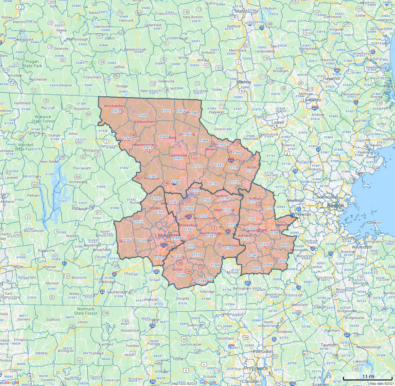 All Dry Services Area Coverage Map for Central Mass, MA