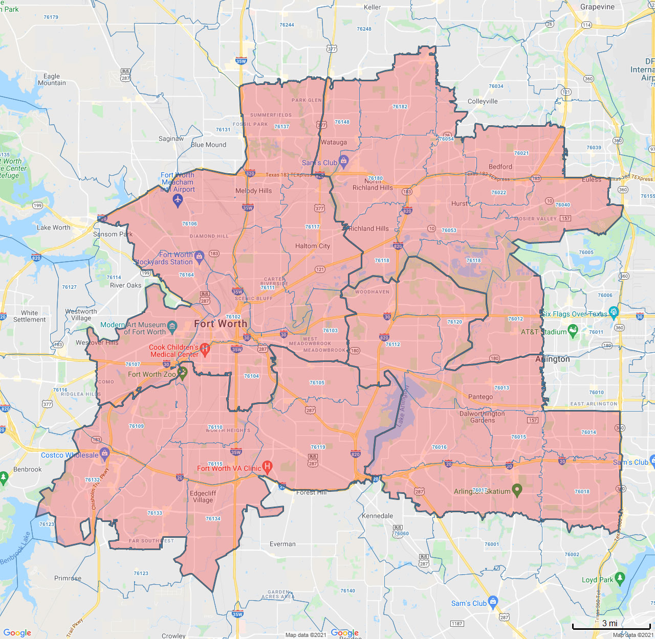 All Dry Services Area Coverage Map for Fort Worth, TX