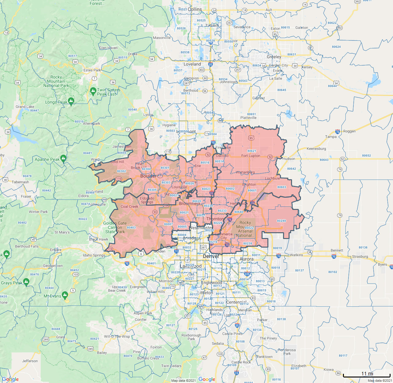 All Dry Services Area Coverage Map for North Denver & Boulder, CO