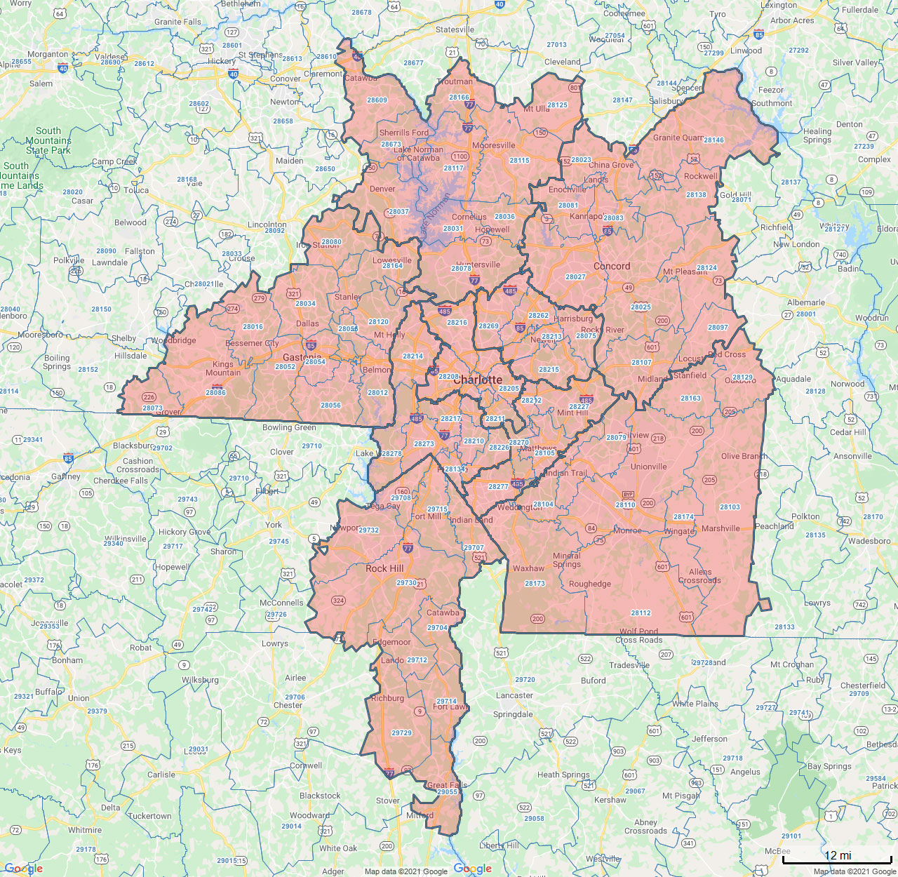 All Dry Services Area Coverage Map for Greater Charlotte, NC