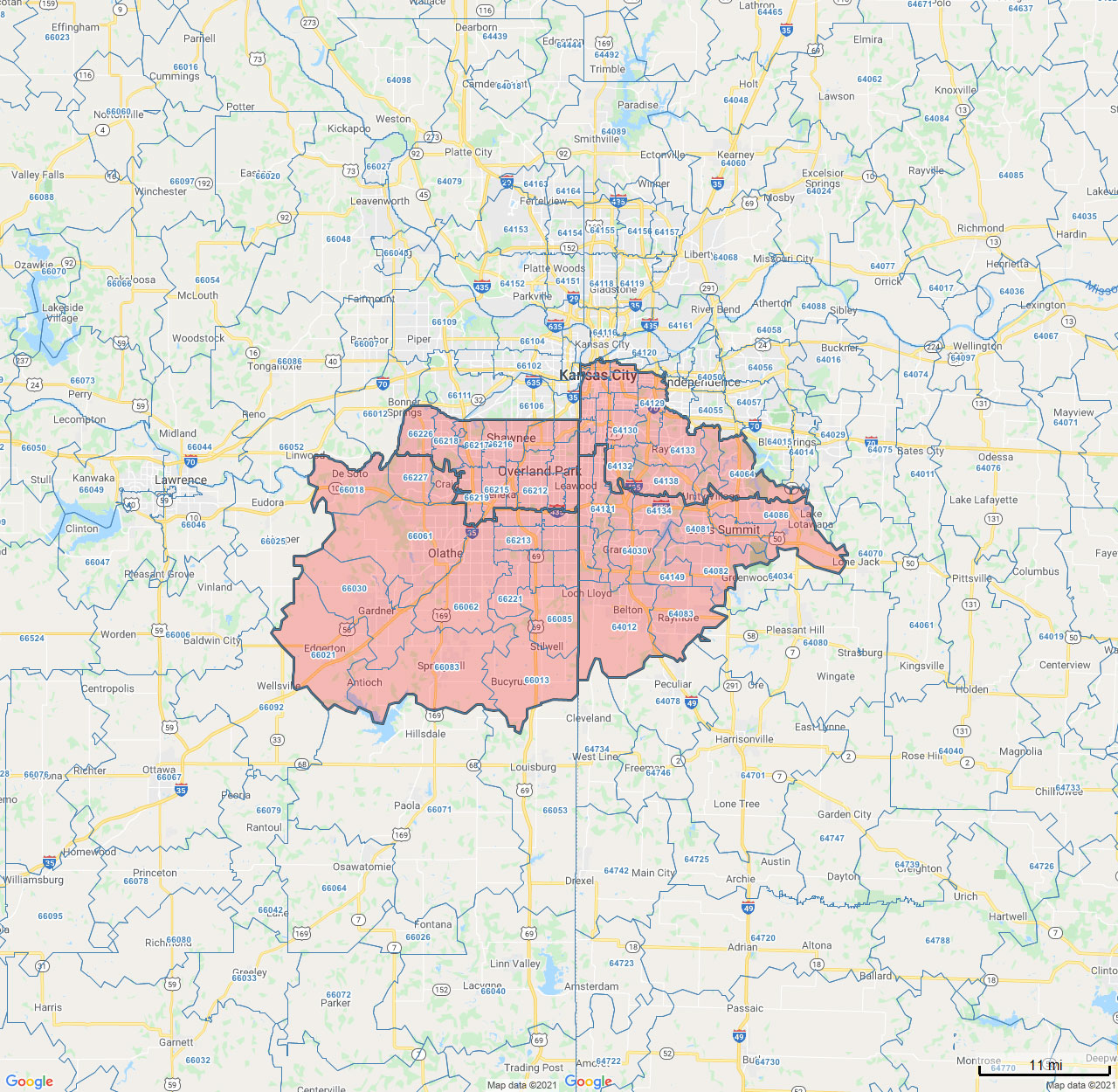 All Dry Services Area Coverage Map for South Kansas City Metro