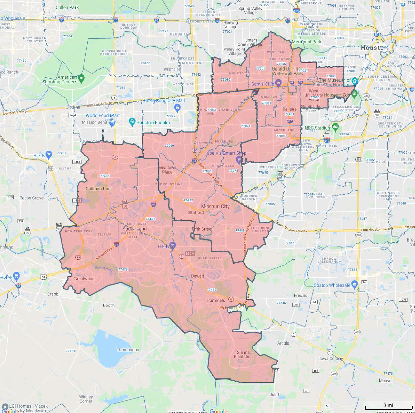 All Dry Services Area Coverage Map for SW Houston, TX