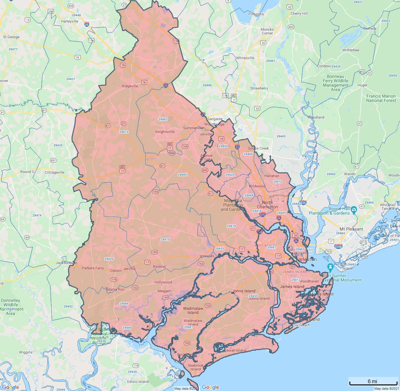 All Dry Services Area Coverage Map for Charleston, SC