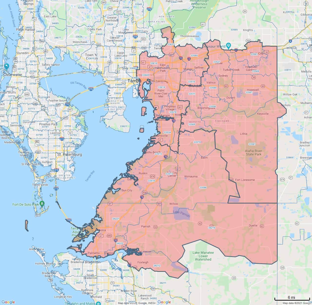 All Dry Services Area Coverage Map for East Tampa, FL