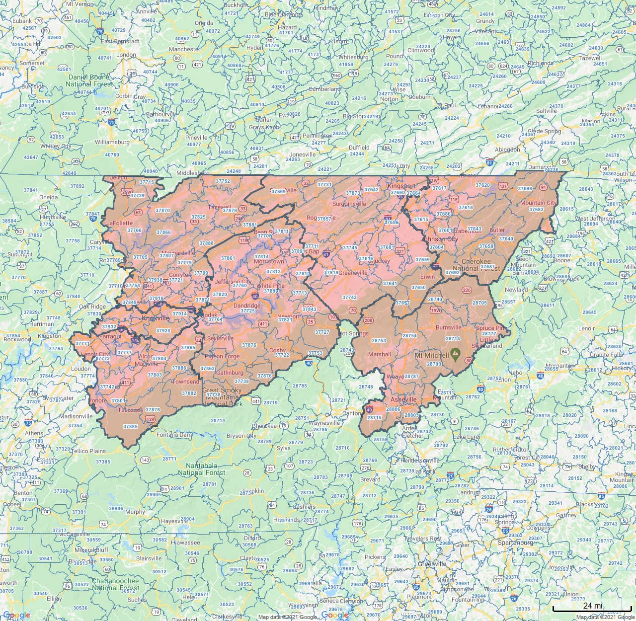 All Dry Services Area Coverage Map for East Tennessee / Southwest Virginia / Asheville, North Carolina