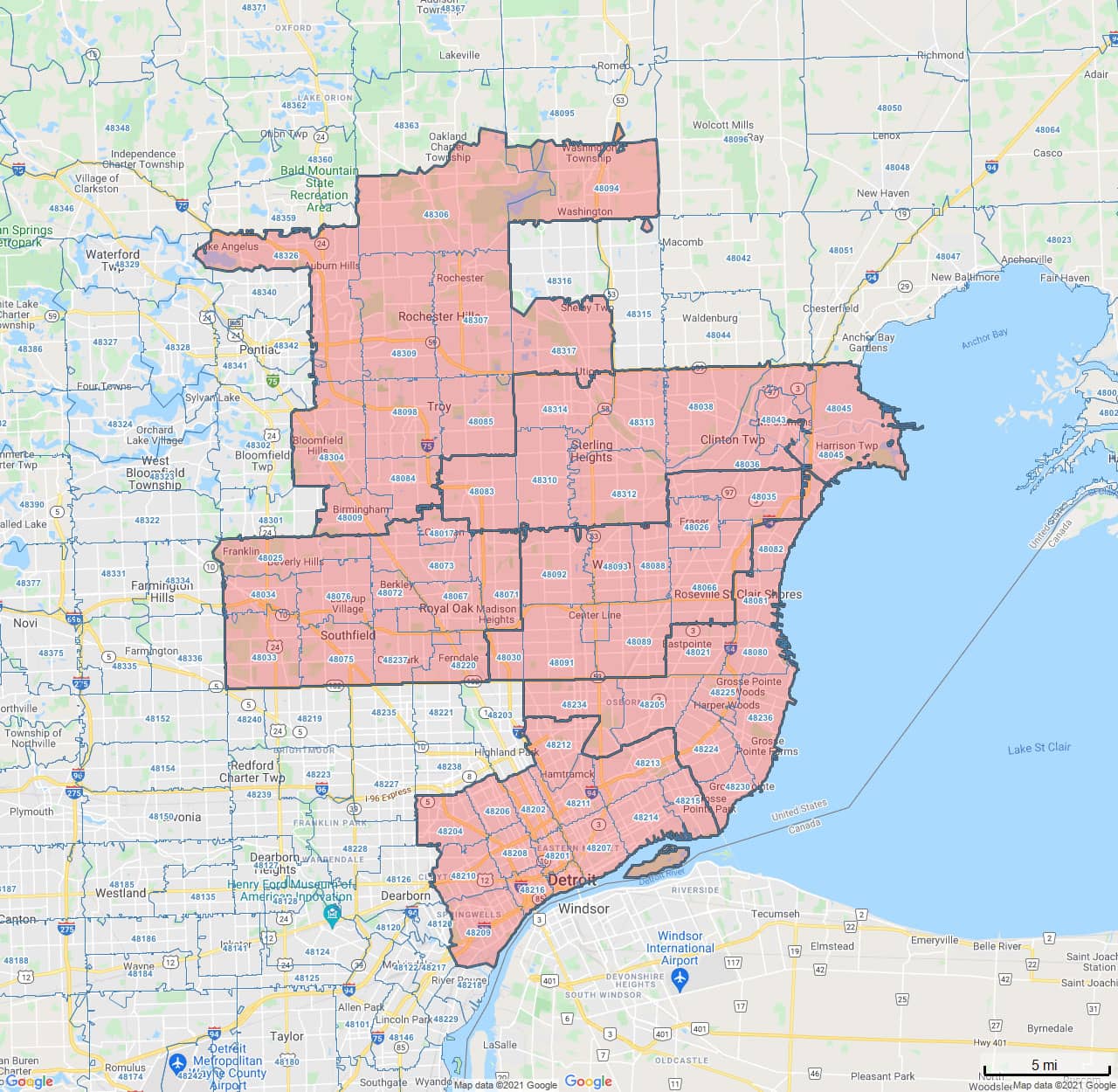 All Dry Services Area Coverage Map for Metro Detroit, MI