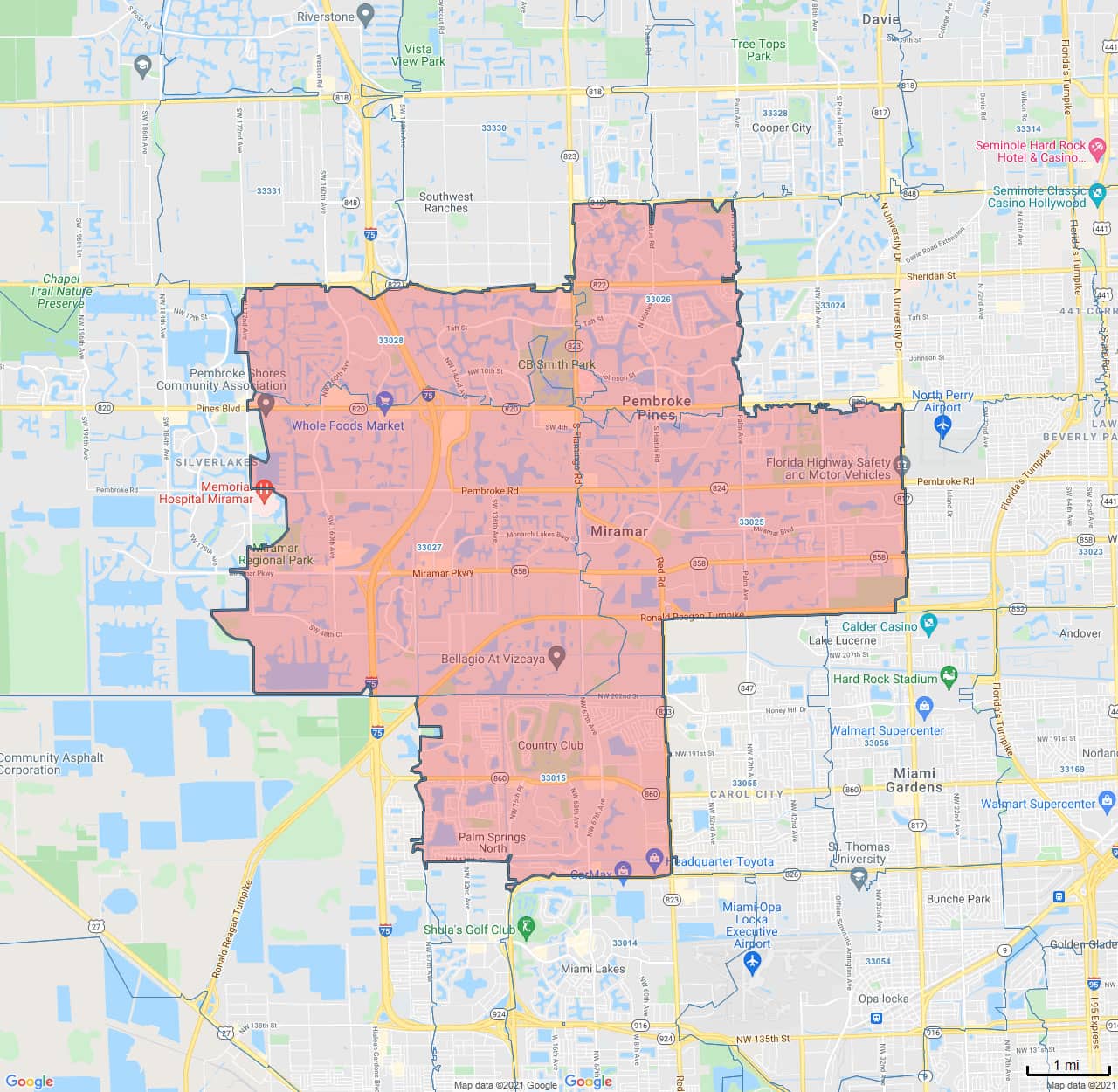 All Dry Services Area Coverage Map for Miramar, FL