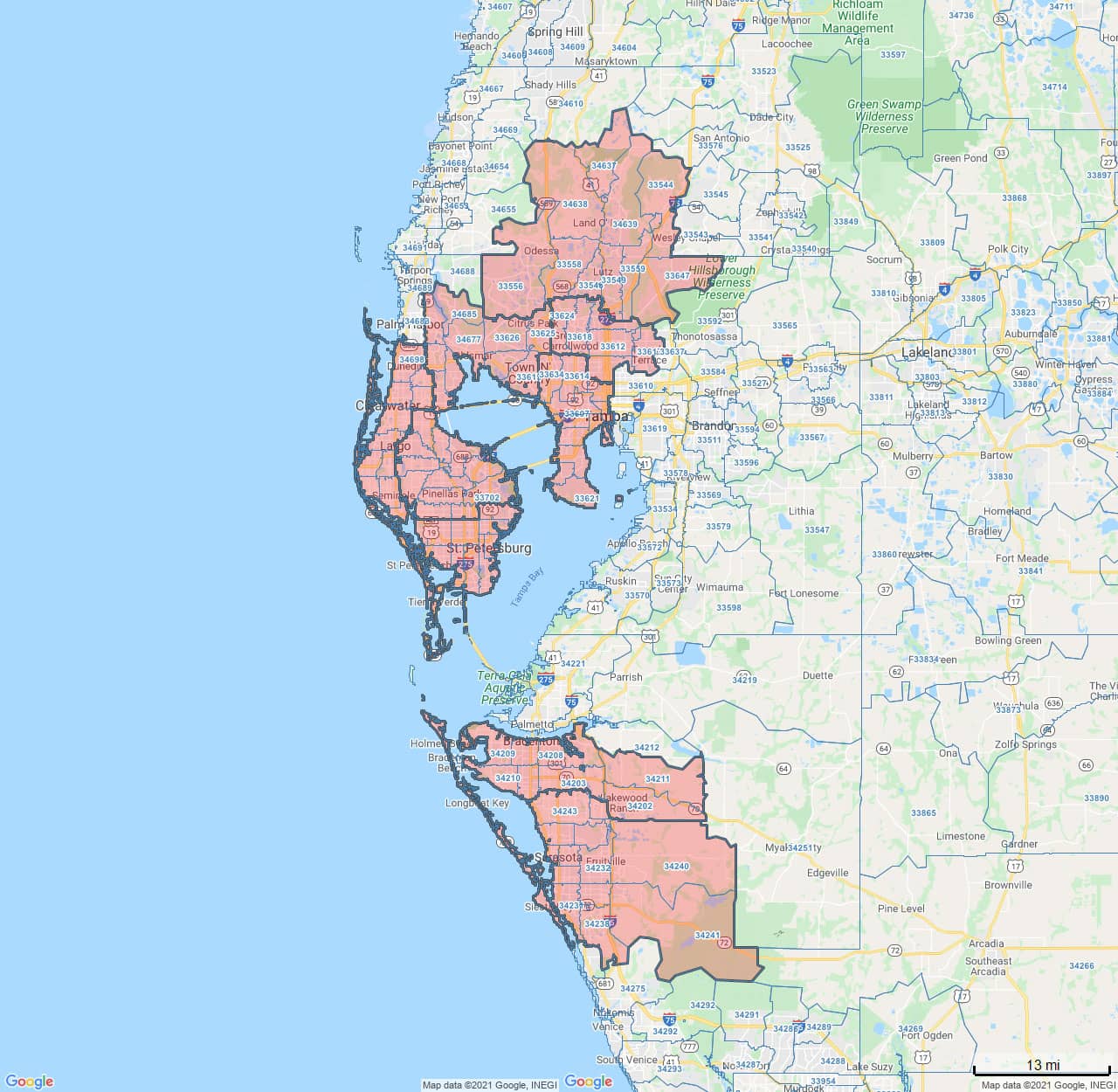 All Dry Services Area Coverage Map for Tampa Bay, FL