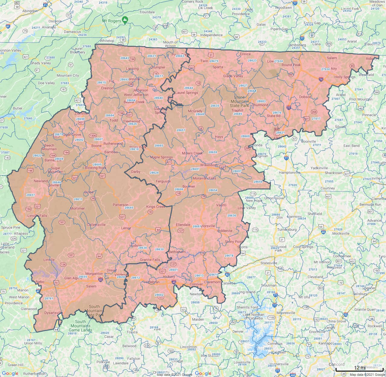 All Dry Services Area Coverage Map for Boone, NC