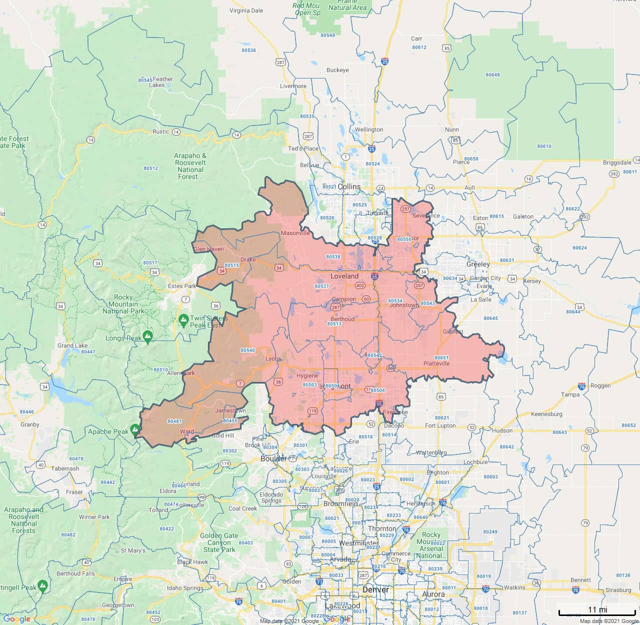 All Dry Services Area Coverage Map for Northern Colorado