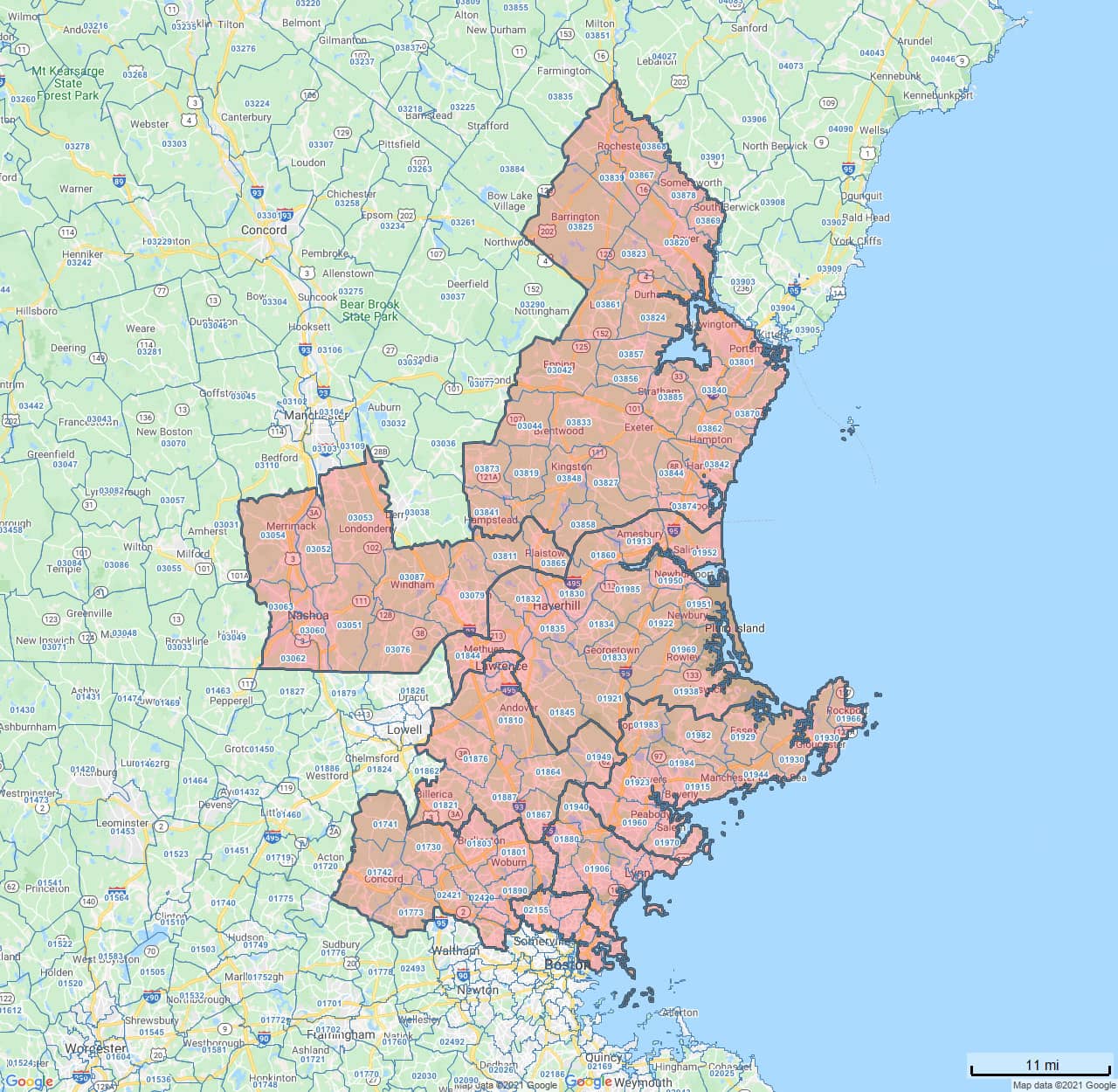 All Dry Services Area Coverage Map for Greater Boston / Southern New Hampshire