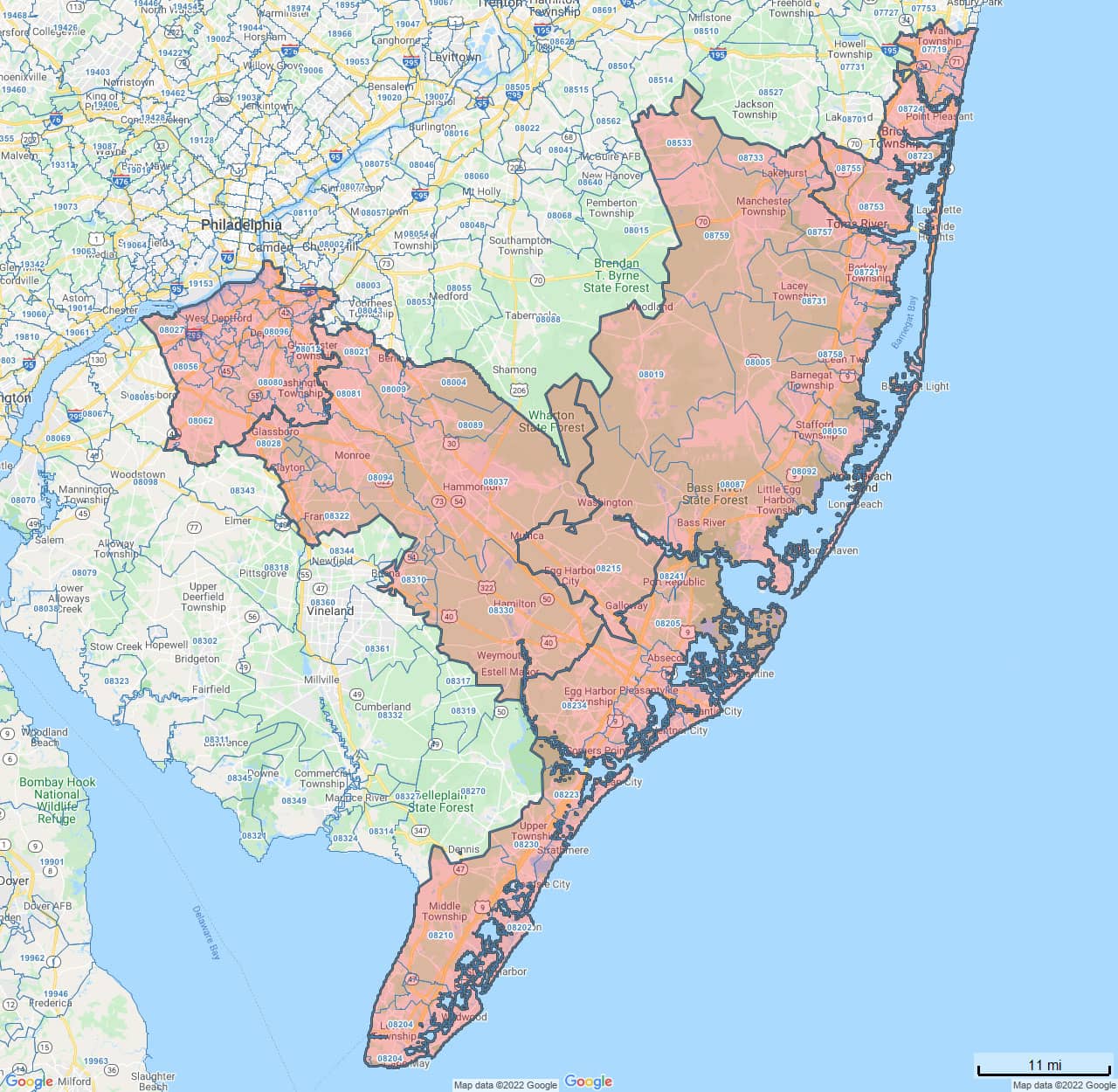 All Dry Services Area Coverage Map for Jersey Shore, NJ