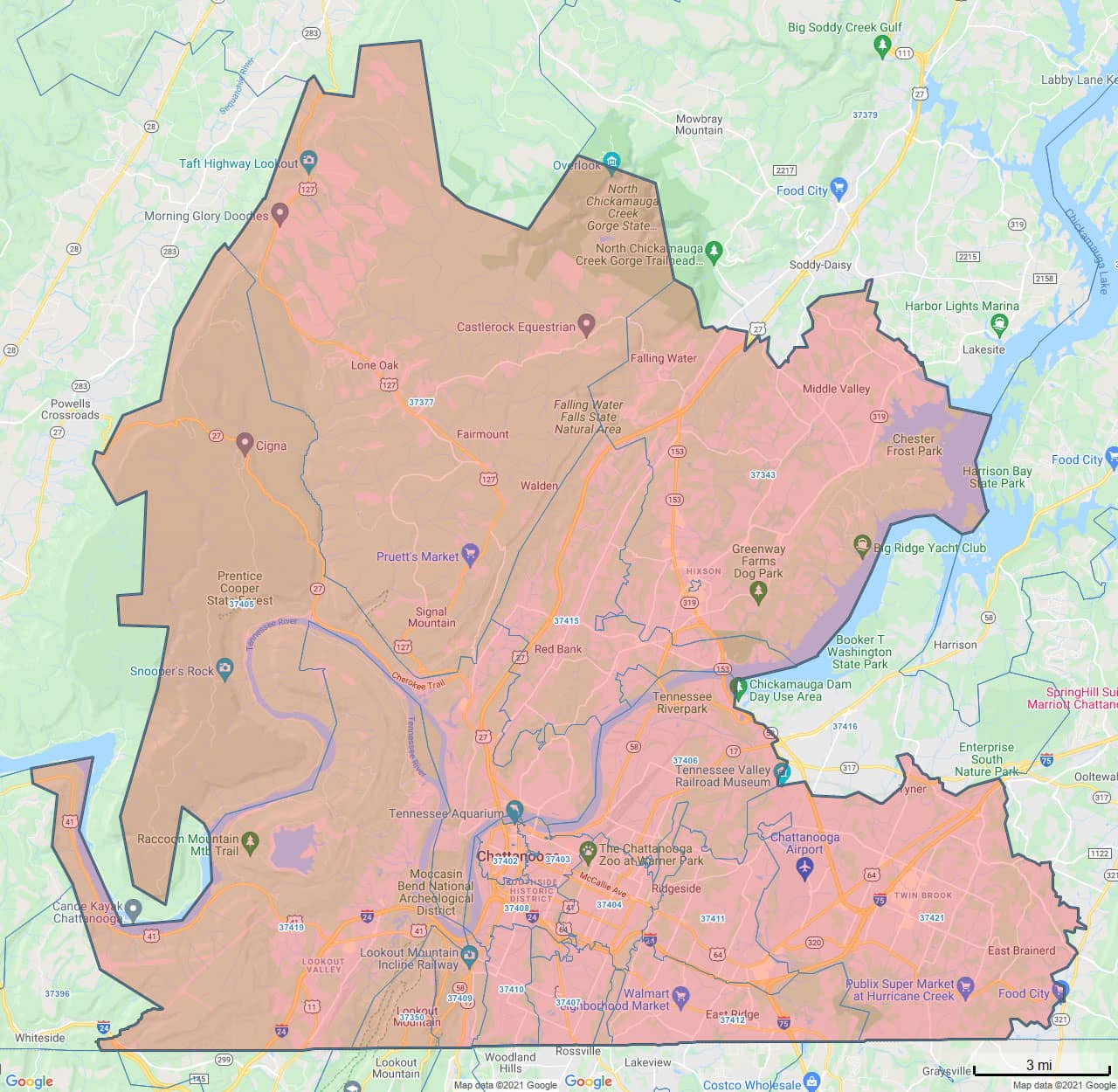 All Dry Services Area Coverage Map for Chattanooga, TN