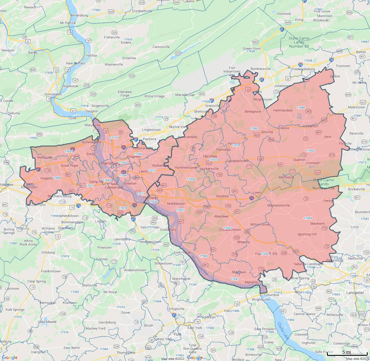 All Dry Services Area Coverage Map for Greater Harrisburg