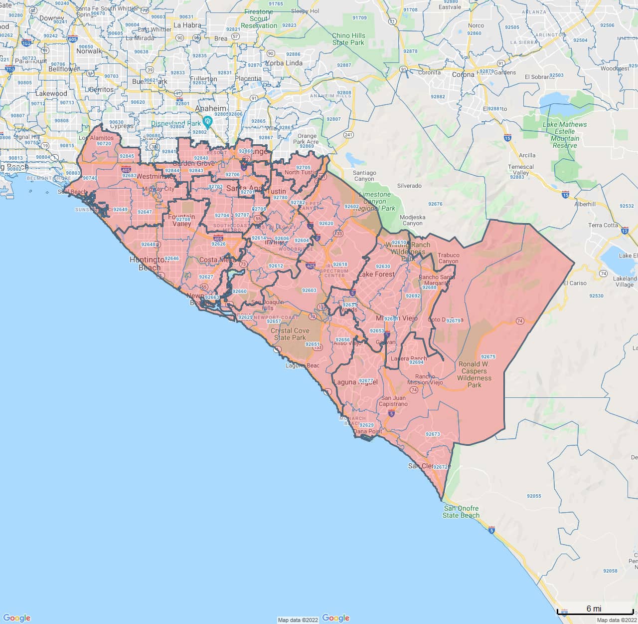 All Dry Services Area Coverage Map for Orange County, California