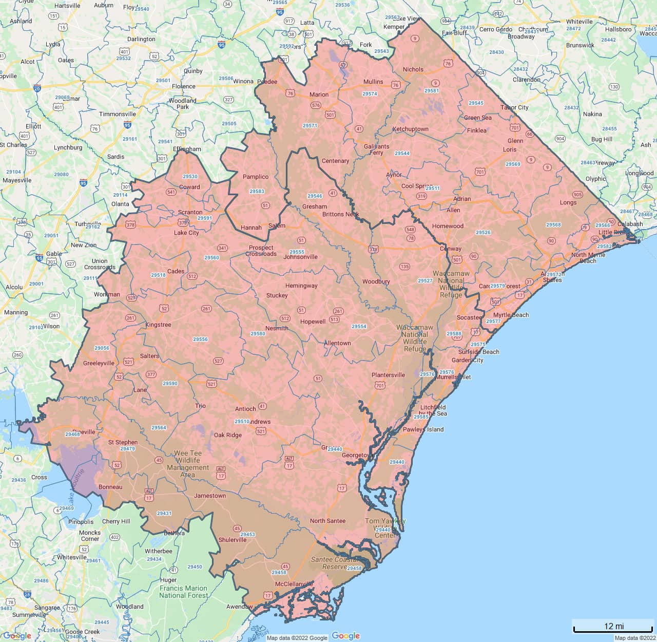 All Dry Services Area Coverage Map for Greater Myrtle Beach, SC