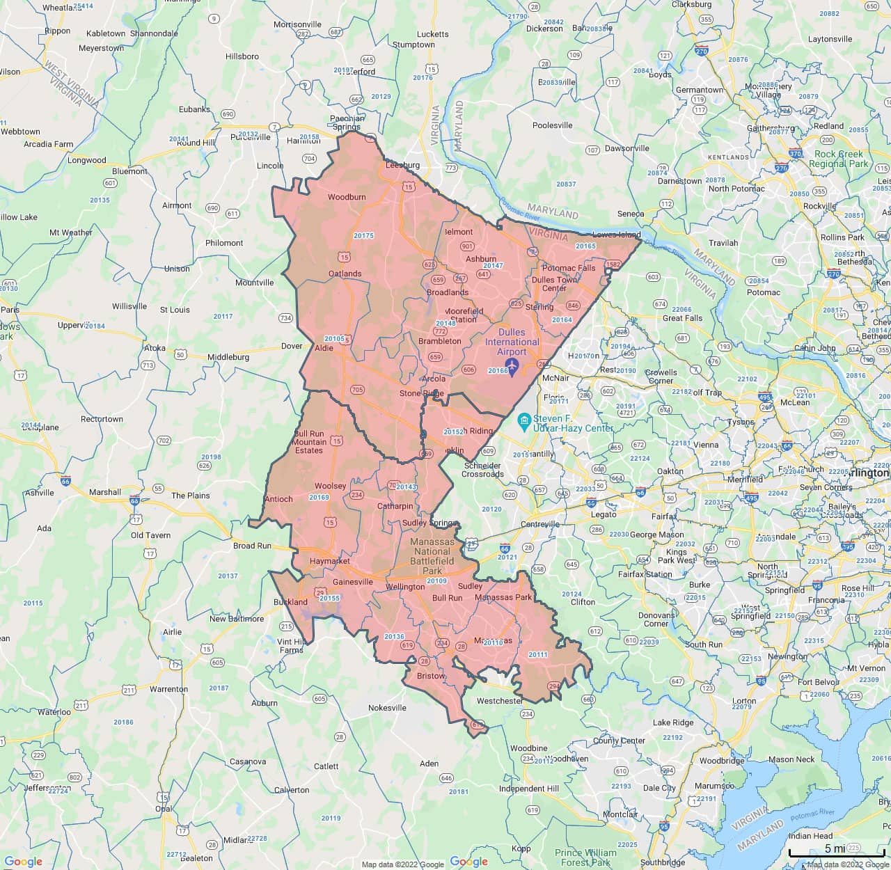 All Dry Services Area Coverage Map for Loundoun & Manassas, VA