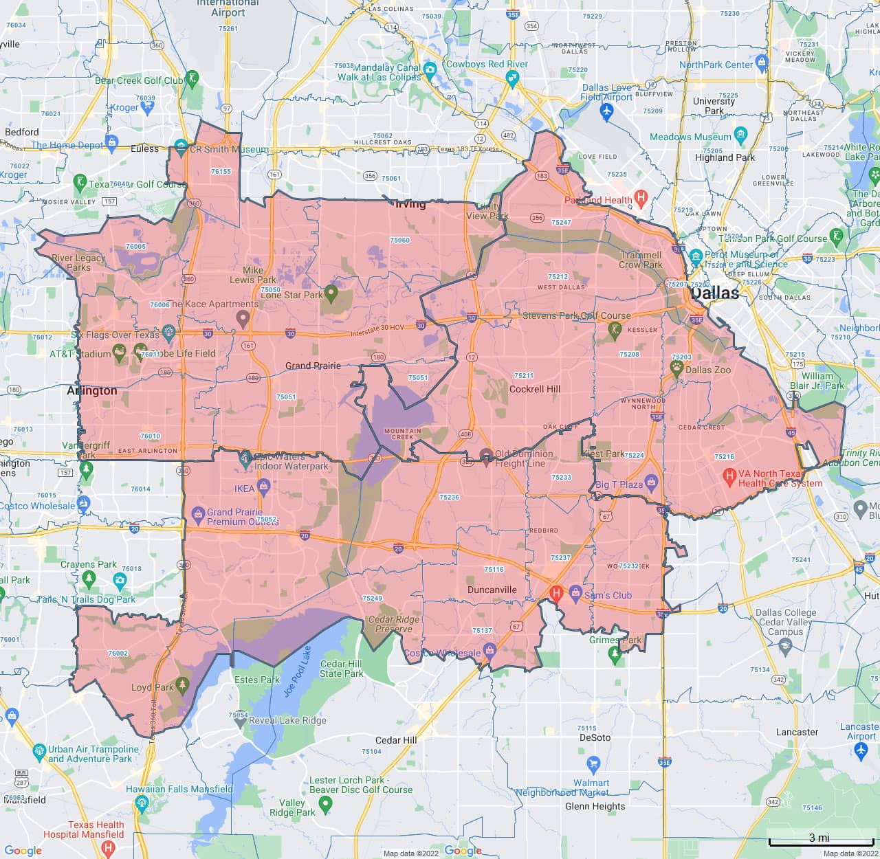 All Dry Services Area Coverage Map for Arlington & Irving