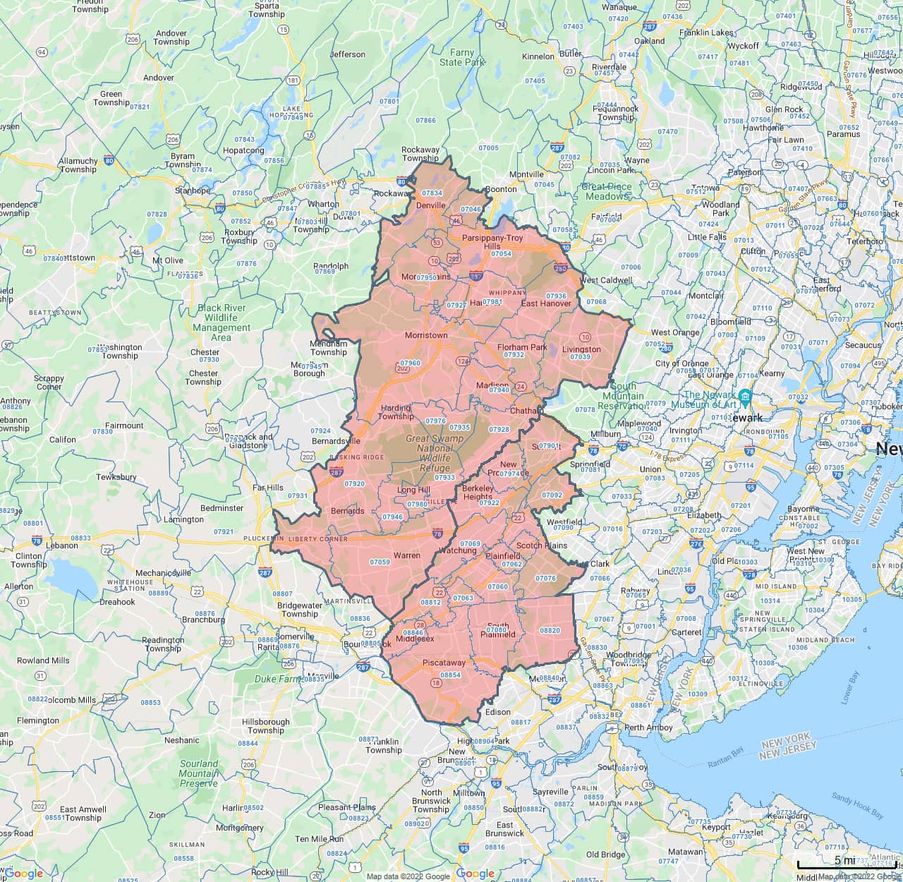 All Dry Services Area Coverage Map for Hanover and The Plainfields, NJ