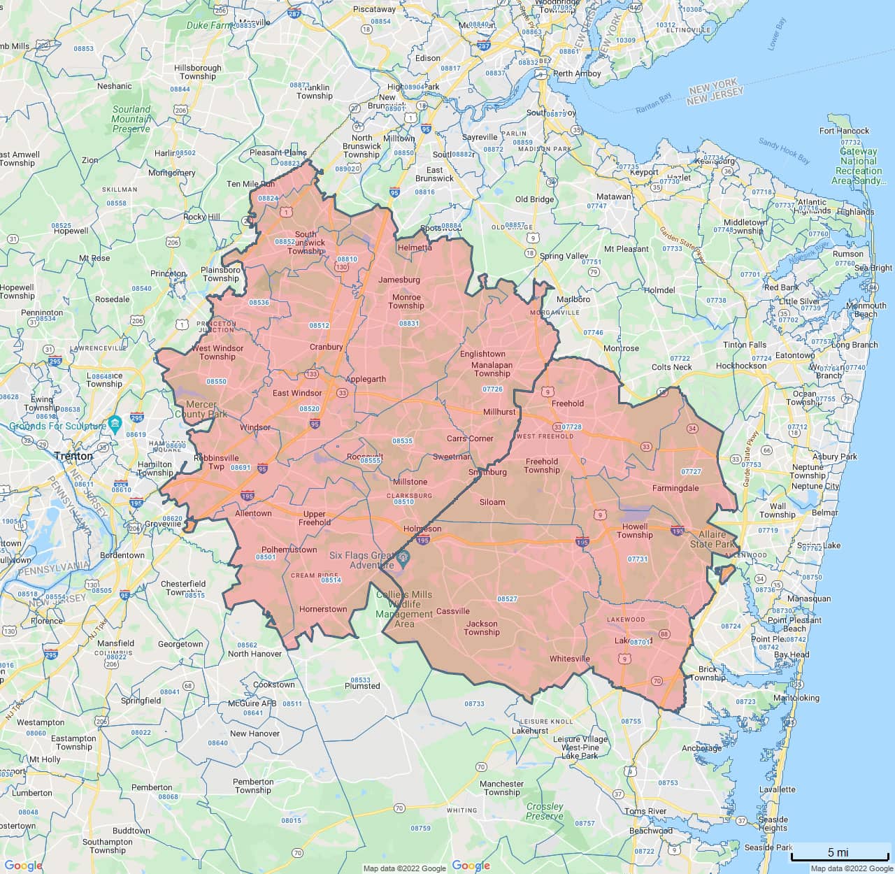 All Dry Services Area Coverage Map for Monmouth and Middlesex, NJ